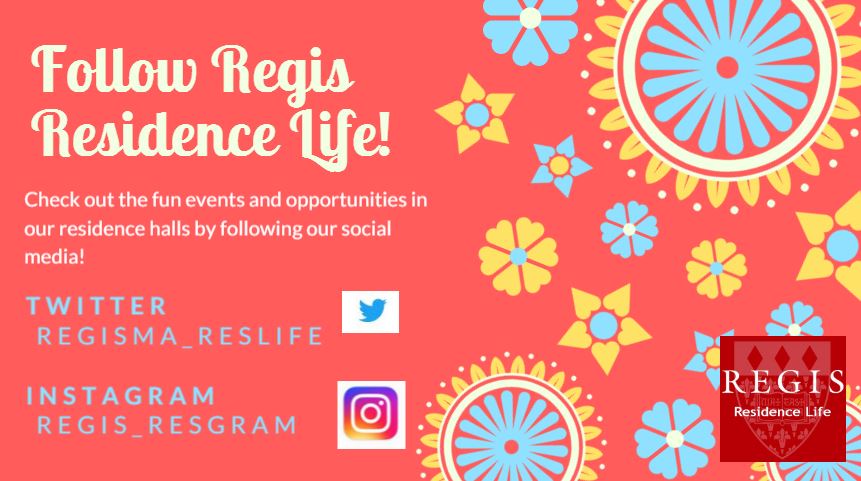 RegisMA_ResLife's tweet photo. Spread the word to your fellow @RegisLife_MA #dearneighbors about our social media! Stay posted on fun events & opportunities on campus :) https://t.co/y3nbaAId2R