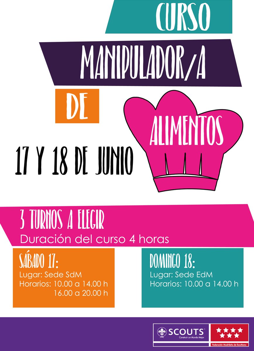 Ya están abiertas las #inscripciones para el #Curso de Manipulador/a de Alimentos que oferta <a href="/madridscout/">FME Madrid Scout</a>. +Info en vuestros correos de GS