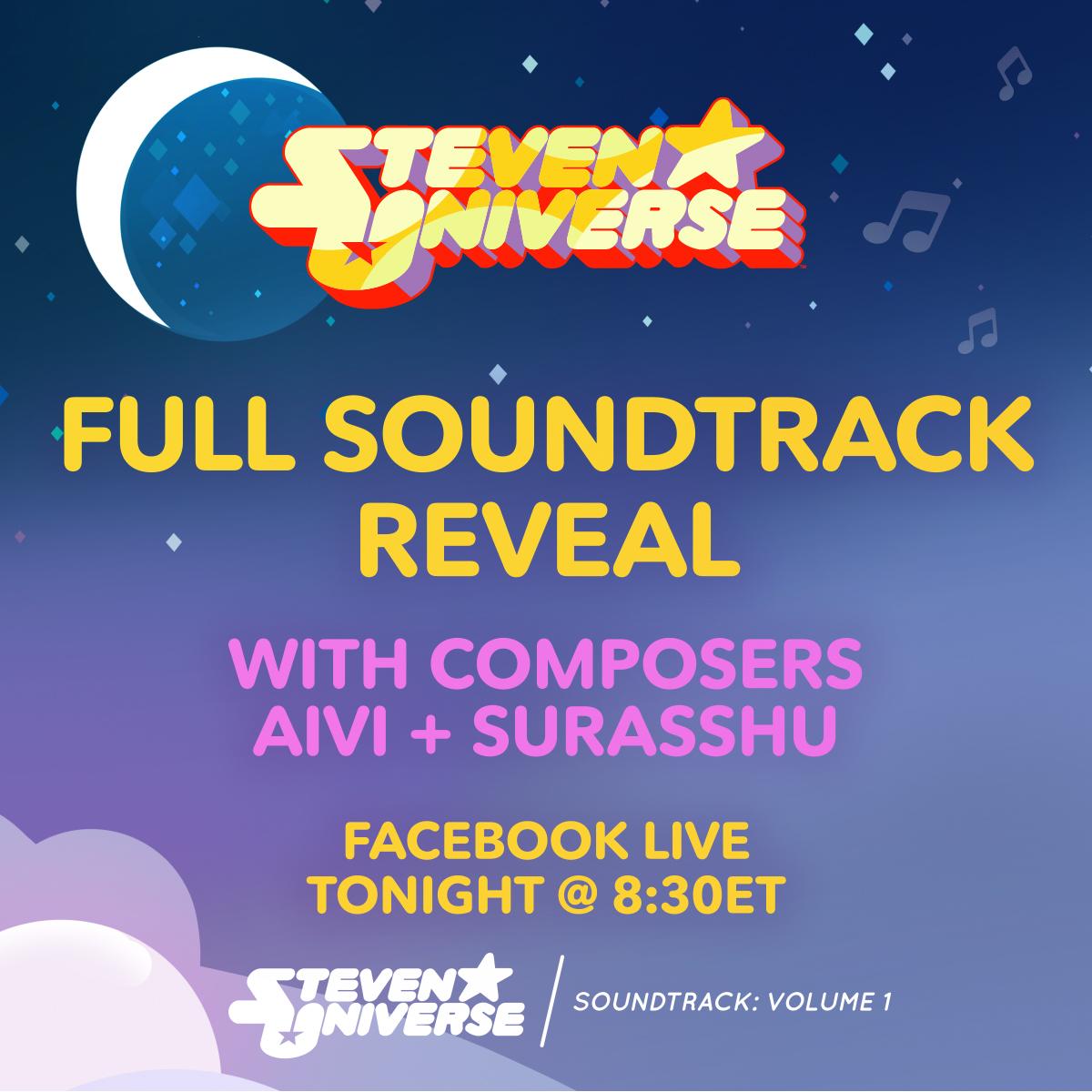 cartoonnetwork's tweet photo. Composers Aivi &amp; Surasshu will reveal ALL THE TRACKS tonight, on a special live musical event on our Facebook! #StevenUniverse https://t.co/lJA1kUfqvS