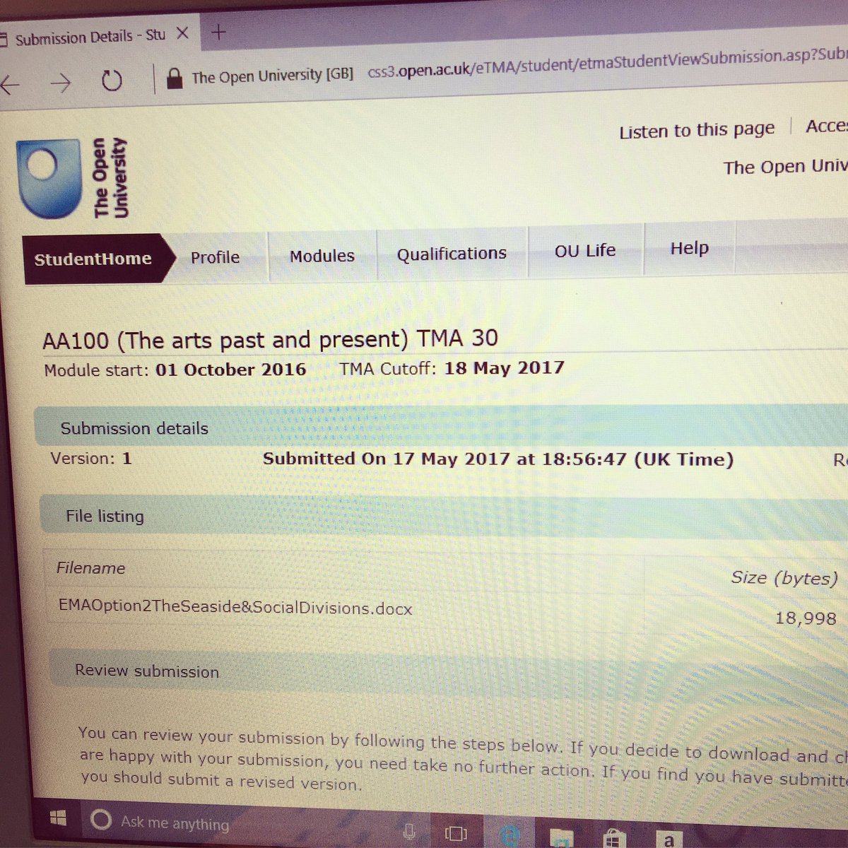 SlophieYoung's tweet photo. My last assignment of the academic year is DONE. So happy and proud I made it through another year with minimal tears. #aa100 #openuni https://t.co/uawmVt981d