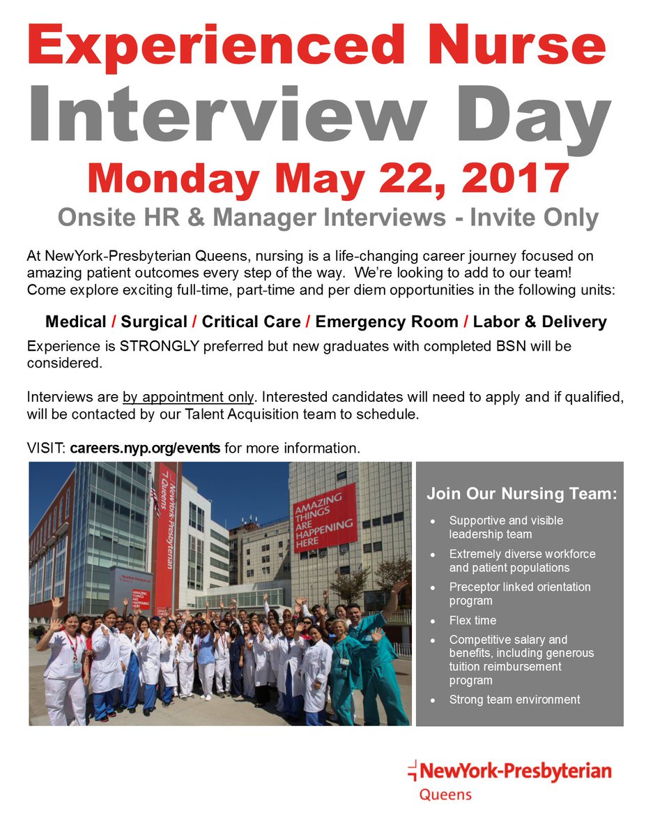 Become a part of the #NYPQueens family! We're hosting our Experienced Nurse Interview Day on May 22. Learn more: bit.ly/2qSHlMj