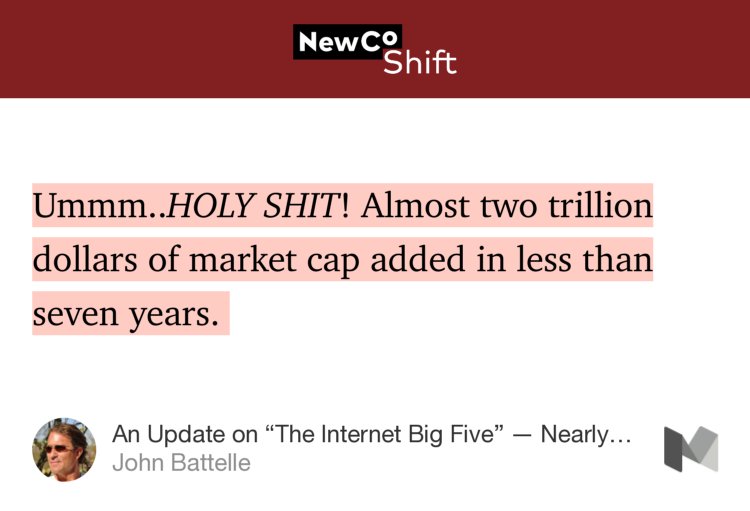 “Ummm..HOLY SHIT! Almost two trillion dollars of market cap added in less than seven years.…” from “An Update on ‘The Internet Big Five’ — Nearly $2 Trillion Added in Six Years” by John Battelle.