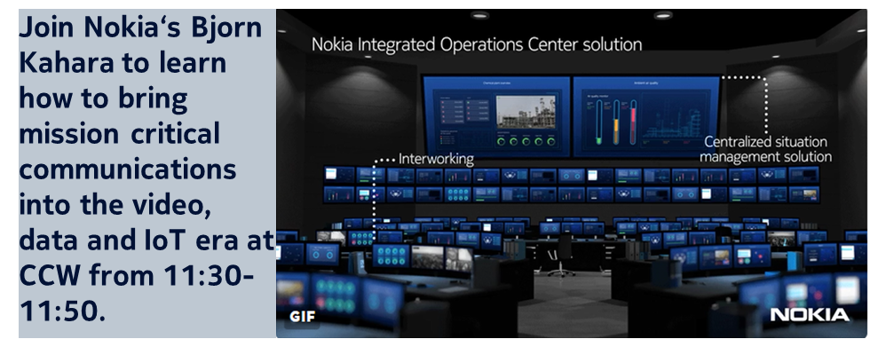 AmyFlecher1's tweet photo. Join Nokia‘s Bjorn Kahara on how to bring mission critical communications into the video, data and IoT era at CCW plenary:11:30-11:50. https://t.co/O8qLudgKn0