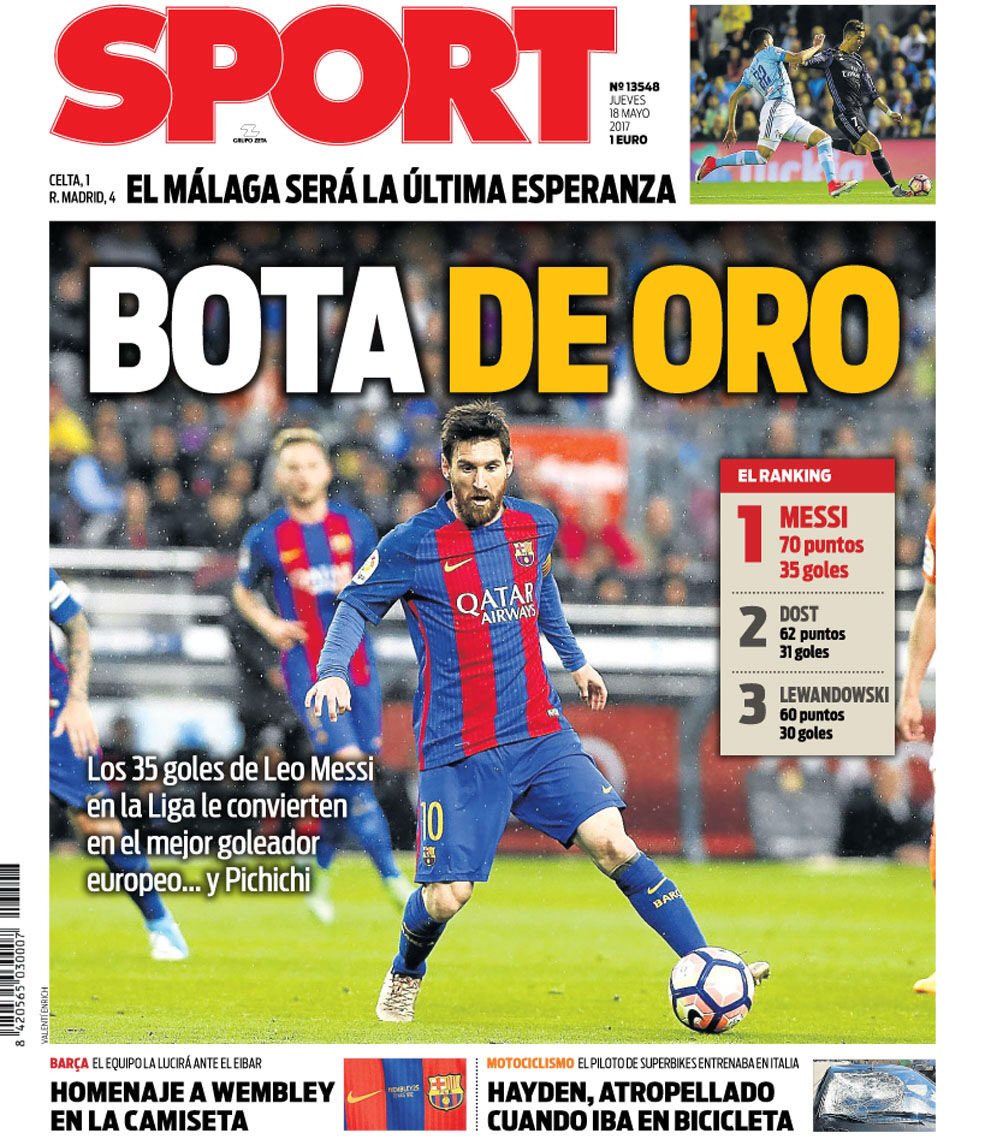 el10blaugrana's tweet photo. La portada del diario Sport de mañana... BOTA DE ORO. https://t.co/SjTRQt7Rvb