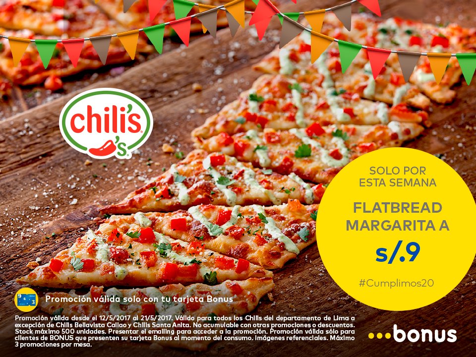 ¡Reúnete con los amigos de toda la vida! Prueba el delicioso Flatbread Margarita de Chilli’s ¡a solo S/. 9.00 con tu nueva Bonus!