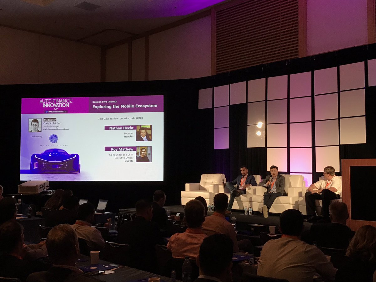 AutoFinanceNews's tweet photo. Session Five: Exploring the Mobile Ecosystem is underway, featuring @HonckerCars and @uQuoteHQ #AFInnovation17 https://t.co/CSLw4rw9Cn