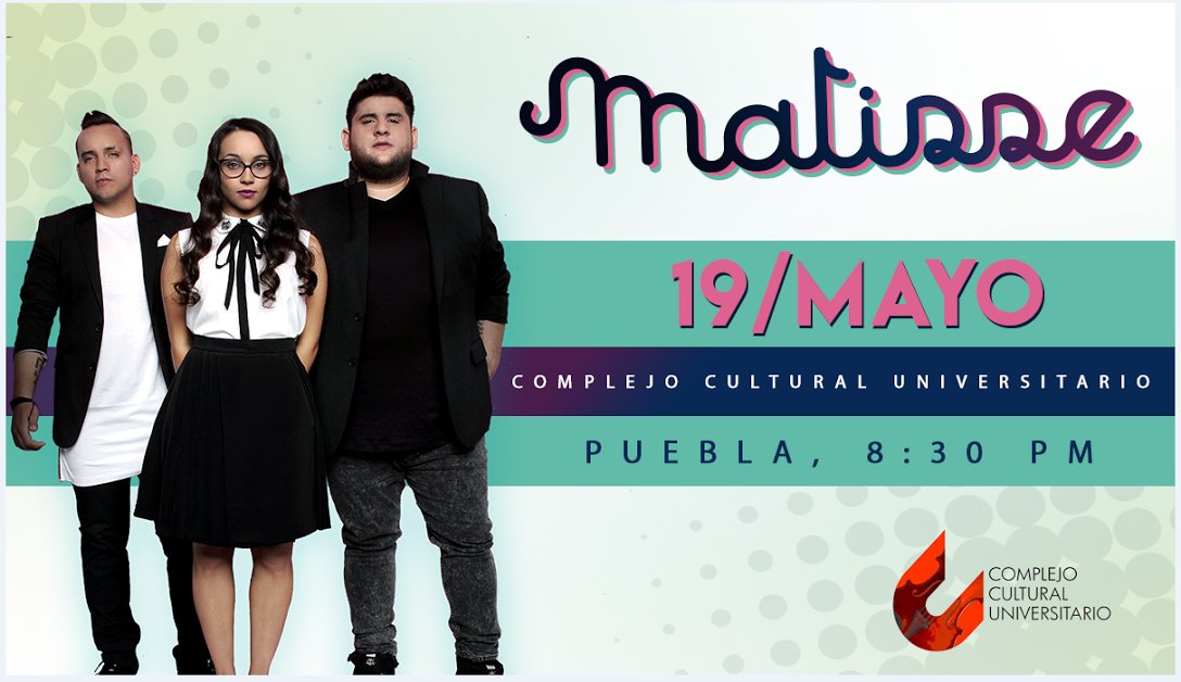 SuperboletosMx's tweet photo. ¡@Matisse_Mx conquistará a todo el público de #Puebla en @ccubuap!. Disfruta todos sus éxitos. Compra boletos en  https://t.co/nuWwViBL9k https://t.co/0wTUoAO75J