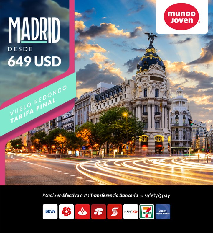 SafetyPayMexico's tweet photo. ¿Aún no conoces #Madrid? Vuelo redondo desde $649✈
Paga tus tickets usando #SafetyPay https://t.co/sCUfeXz5GJ https://t.co/edtM4jvQoT