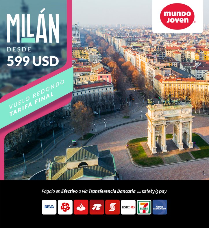SafetyPayMexico's tweet photo. La Romántica ciudad de #Milan te espera 
Vuelo redondo desde $599 ✈
Paga tus tickets usando #SafetyPay. https://t.co/sCUfeXz5GJ https://t.co/dYrCMpwqY8