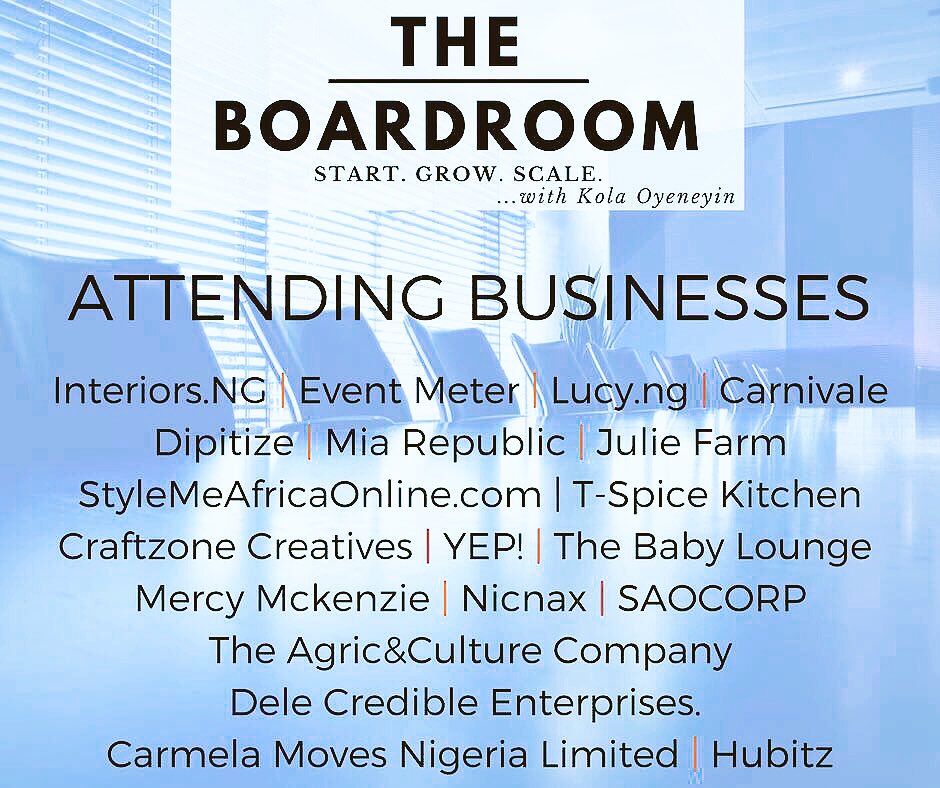 KolaOyeneyin's tweet photo. The 20 companies attending the May edition of The Boardroom tomorrow. Follow live updates via @MarginNigeria #VeniaEnables #StartGrowScale https://t.co/utdm87iafd