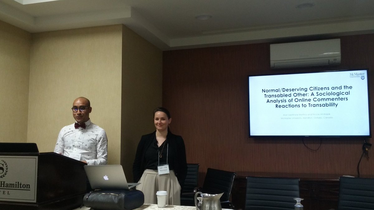 McMasteResearch's tweet photo. #McMaster PhD students @AlanSMartino and @NicoleAndrejek on online reactions to #transability - the desire to acquire #disability . #QAC17 https://t.co/nBEfhhycMZ