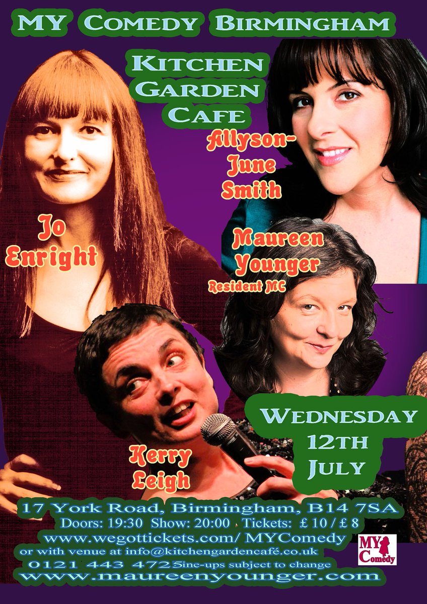 Comedy coming up <a href="/MYComedyBrum/">MY Comedy Birmingham</a> with @BeffernieBlack &amp; <a href="/HanSilvo/">Hannah Silvester</a> <a href="/jo_enright/">Jo Enright</a> <a href="/allysonjsmith/">Allyson June Smith</a> <a href="/kerryleighcomic/">Kerry Leigh</a> and of course me!