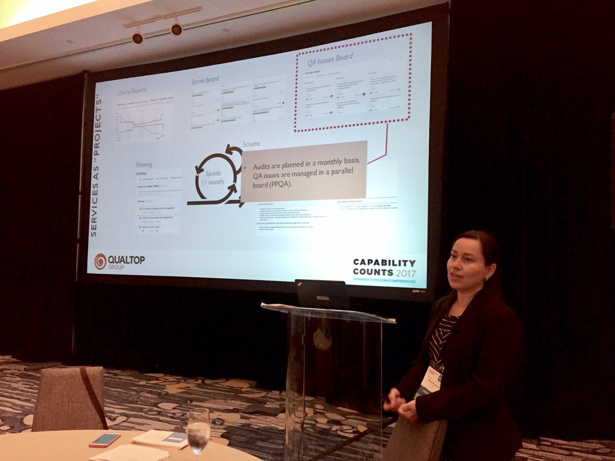 LovePGH's tweet photo. Alma P. Gutierrez of Qualtop speaking on developing Agile Services through #Scrum and #Kanban at #CapabilityCounts2017. @CMMI_Institute https://t.co/poCOtfQNeY