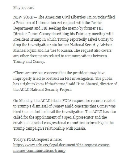 kylegriffin1's tweet photo. .@ACLU says it just filed a FOIA request with the DOJ and FBI for James Comey's memo on Trump. https://t.co/LLNcY2ZP1O https://t.co/XLe1Q2Exiy