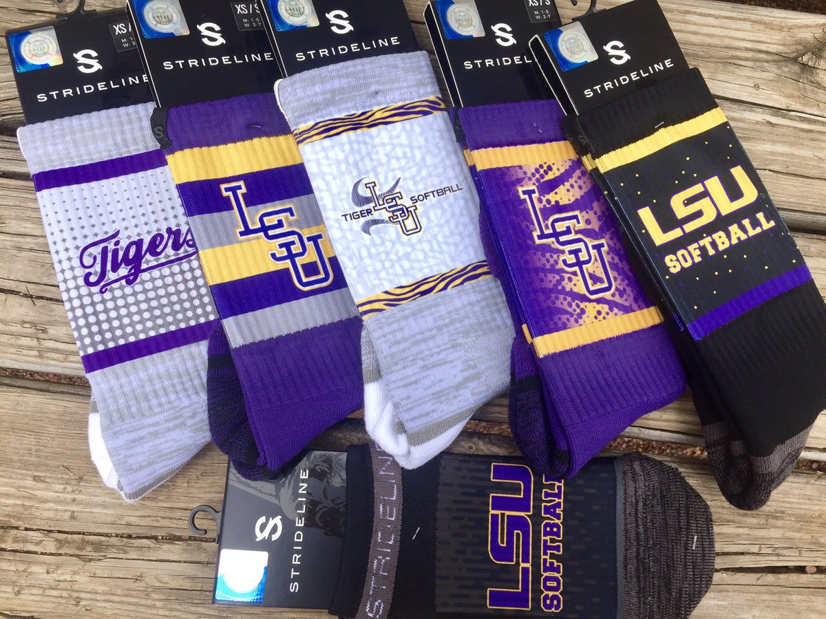 LSUsoftballcamp's tweet photo. Check out these ridiculous socks from @Strideline! Want a pair?? Come to camp!! #Made4LSU https://t.co/oXLO6D2ZMX https://t.co/S3G7GafxG3