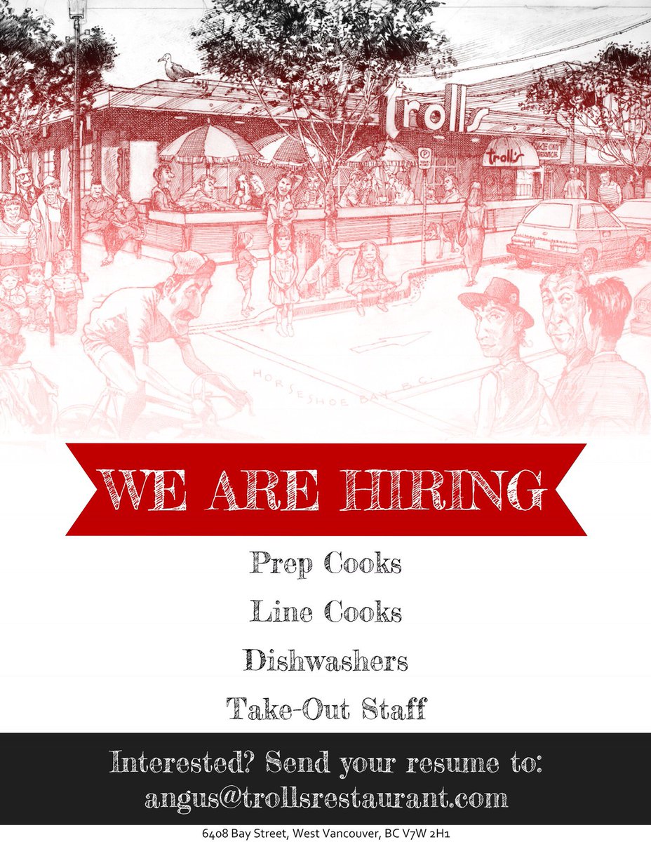 TrollsWestVan's tweet photo. #wearehiring #linecooks #prepcooks #dishwashers #takeoutstaff

Please forward your resume to our Kitchen Manager: angus@trollsrestaurant.com https://t.co/c0mQgBmDQi