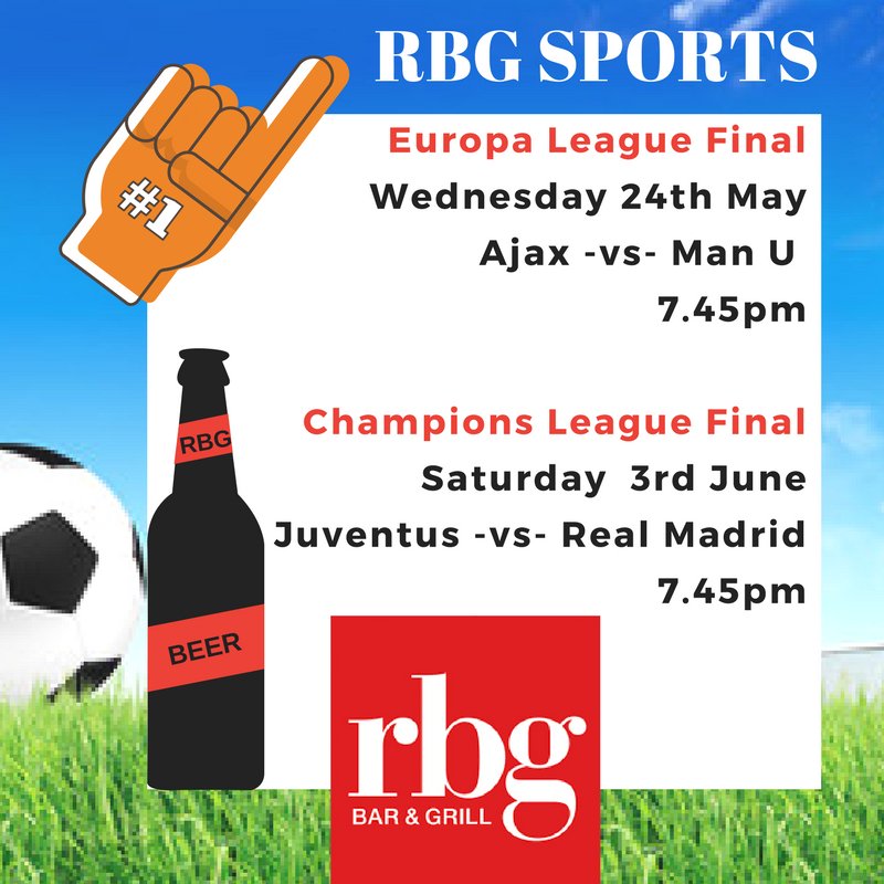 RBG_Belfast's tweet photo. Don't Forget #TheBigGames are coming up on #TheBigScreen @RBG_Belfast #ChampionsLeagueFinal #EuropaLeagueFinal https://t.co/kmj2cxpuNE