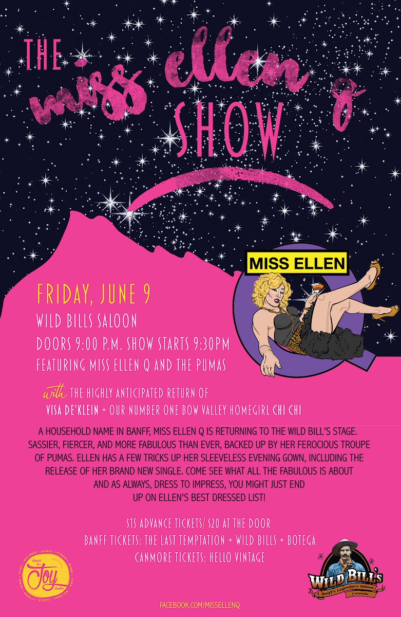 BanffPride's tweet photo. The Miss Ellen Q Show is back on June 9! Come see what all the fabulous is about! @WildBillsBanff @mikesbloggity @1065MountainFM @BanffMayor https://t.co/sobZJvhfOr