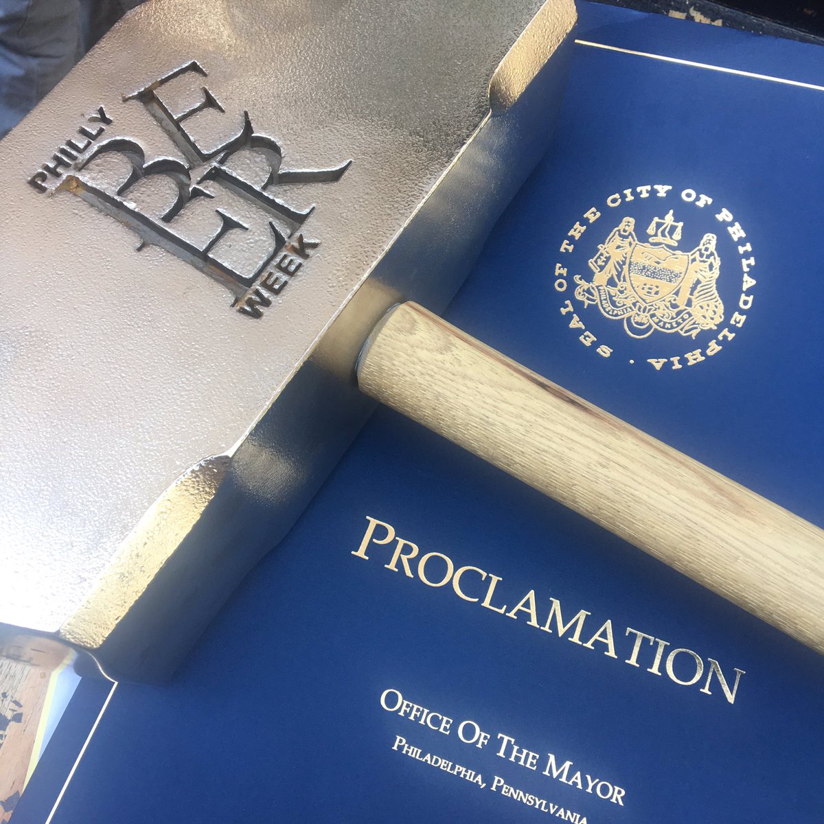 MonksCafePhilly's tweet photo. Some tricksy imps nickel-dipped the @phillylovesbeer Hammer of Glory. It's now shiny af. The Mayor also approves of our #10yearsofbeer https://t.co/yWSnRrGAg4