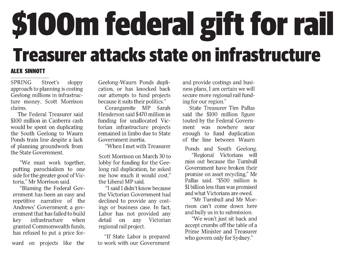 SenSHenderson's tweet photo. @DanielAndrewsMP refuses to provide regional rail costings or plans. $470m up for grabs #PutPassengersFirst #LaborRailFail @geelongaddy https://t.co/eNaBIWewyj
