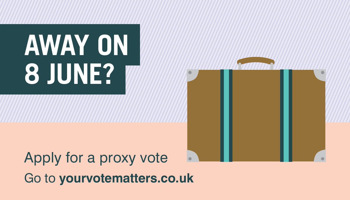 Go_CheshireWest's tweet photo. Registered but away on 8 June? Apply for a proxy vote now https://t.co/HjBRxvk5QD #GE2017 https://t.co/0fgC2OWIIs