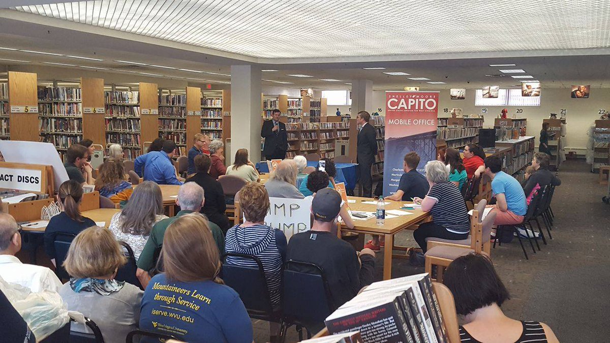 Mtners4Progress's tweet photo. Fifty+ @SenCapito event in #WV, asked about healthcare, Russia, Trump's character. Asked for a #Townhall! #resist https://t.co/zWUopCilcq https://t.co/KRWEoOwcpF