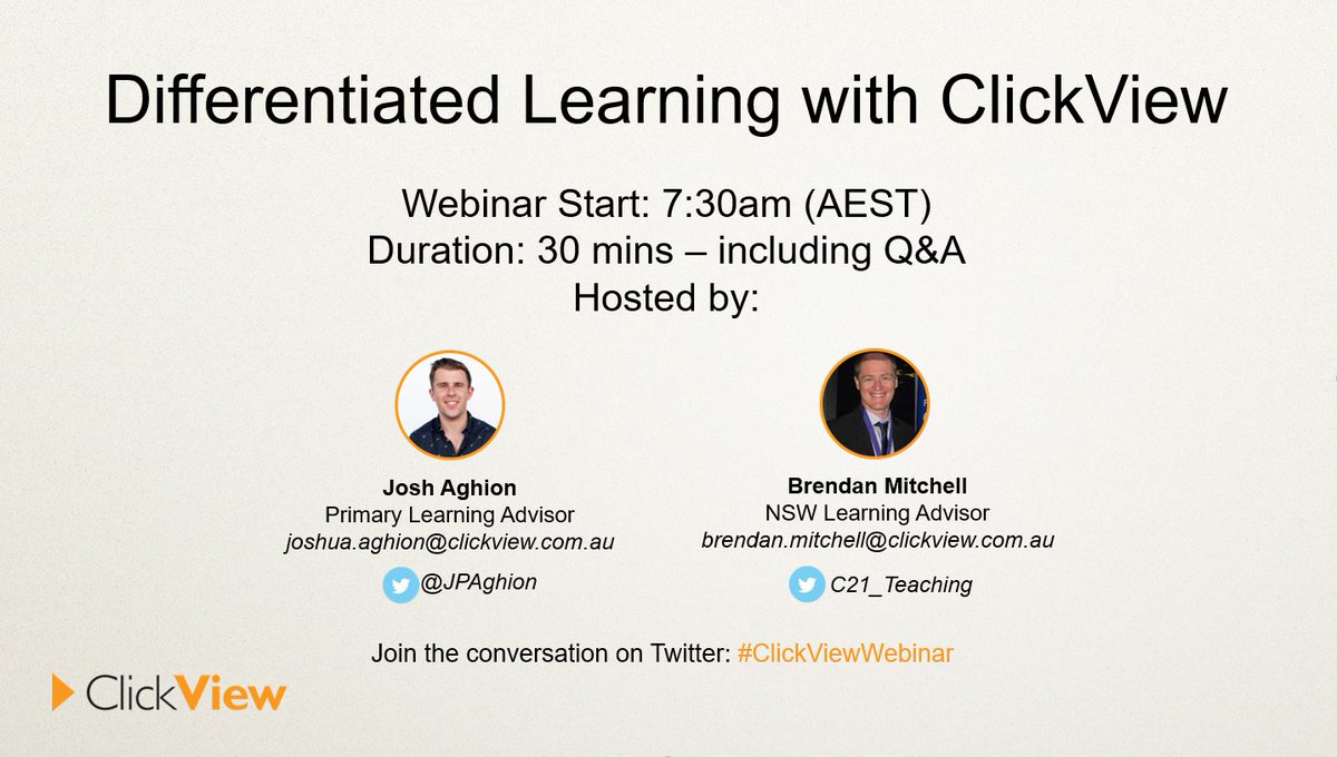 ClickViewAU's tweet photo. Almost time for our #ClickViewWebinar on Differentiated Learning with ClickView presented by @C21_Teaching @JPAghion https://t.co/gIWPC75Dxp https://t.co/BwaTDD6NG3