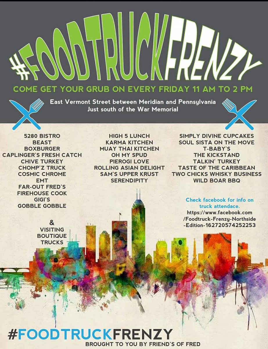FriendsOfFred1's tweet photo. Every Jun Fri 11-2 Vermont St btw Meridian &amp; Penn by the War Memorial. Lots of trucks savory sweet &amp; boutique!!! A true #lunchbreak 😎 #indy https://t.co/7PNsc2MVmJ