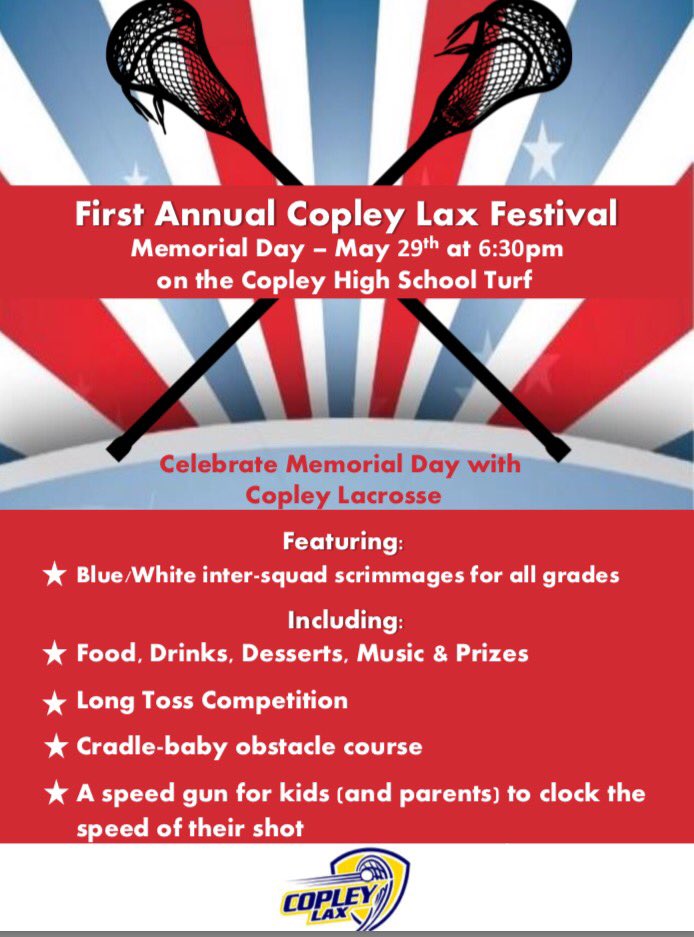 Lacrosse is coming to Copley High School Spring 2018! Join us Memorial Day.