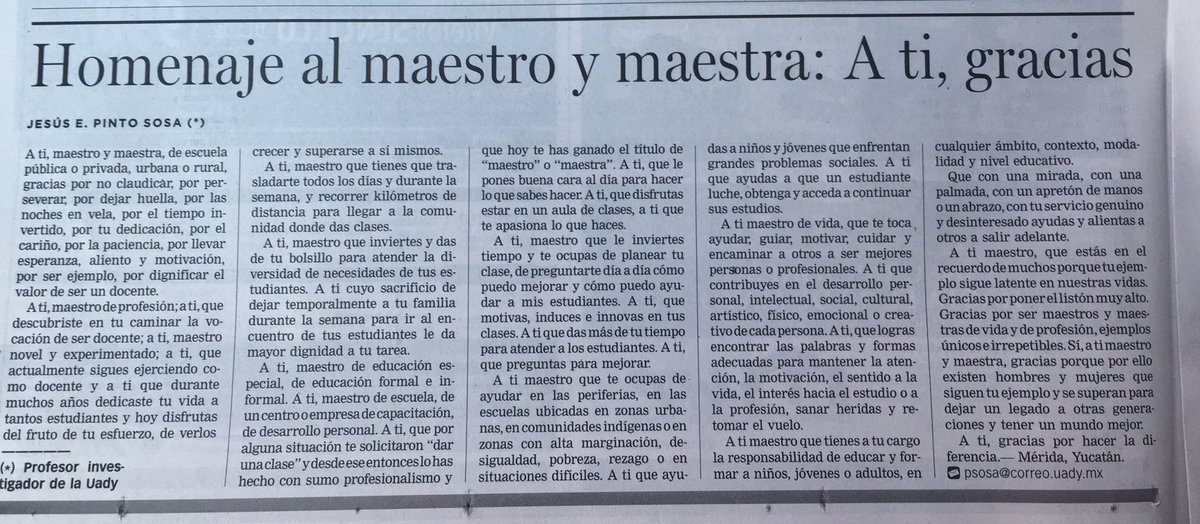 SerProfesor's tweet photo. Les comparto este breve artículo que escribí como homenaje a cada Maestro y Maestra, en @DiariodeYucatan hoy miércoles 17 de mayo de 2017. https://t.co/lbSKoZwREi