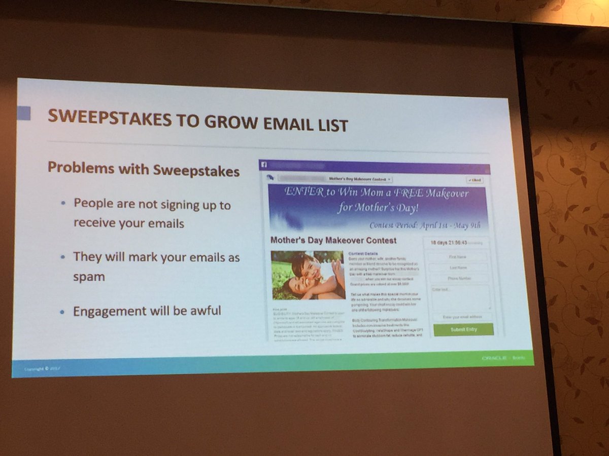 jtharp's tweet photo. @Bronto's David Taitelbaum says avoid sweepstakes to build your email database #c1summit https://t.co/4scfBrTFkM