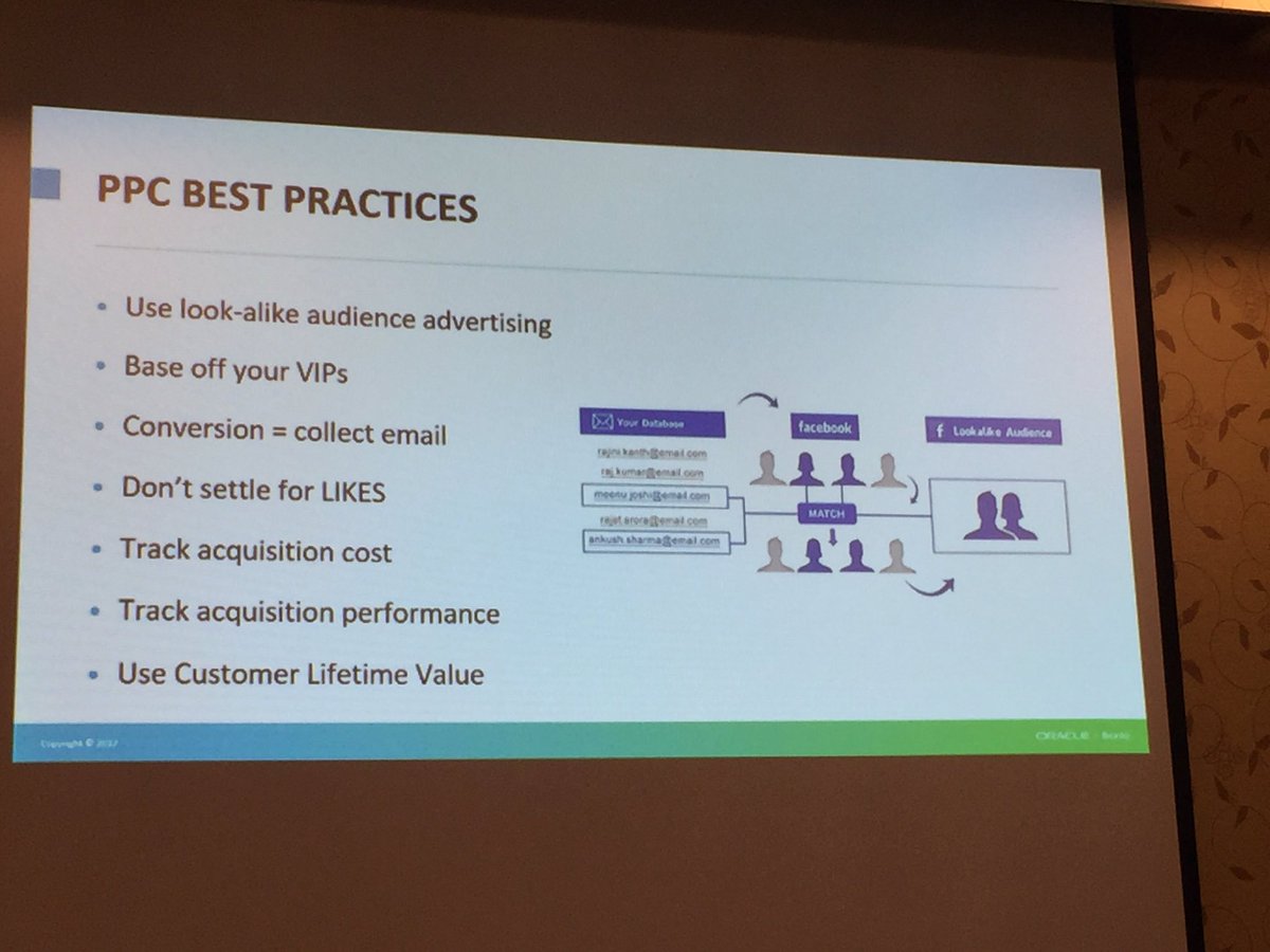 jtharp's tweet photo. Leverage your email database VIPs for a Facebook look-alike audience and other paid social tips from @Bronto David Taitelbaum #c1summit https://t.co/7Q5ccxRfOd