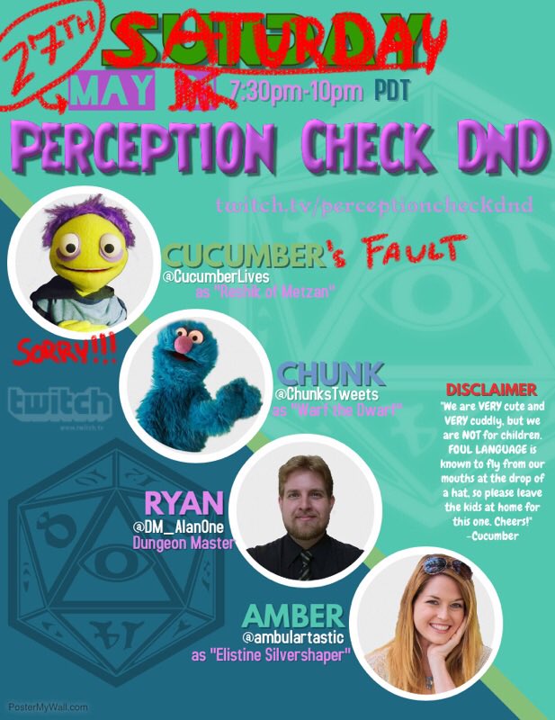 PerceptStudio's tweet photo. Scratch that. @CucumberLives is a jerk. See you next Saturday!
#perceptioncheckdnd #dungeonsanddragons5e #dungeonsanddragons #dnd #twitch https://t.co/RAiXuPb88B