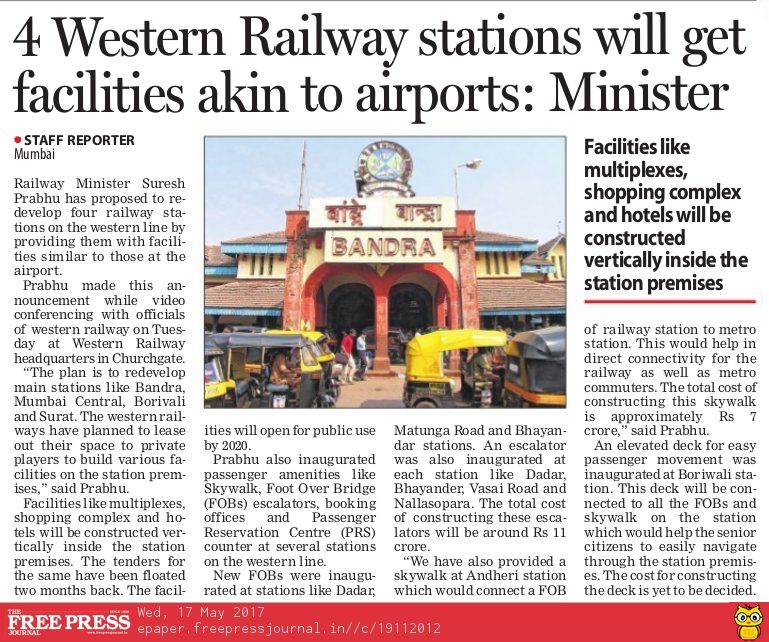 RailMinIndia's tweet photo. Western Railway stations will get facilities akin to airports.
https://t.co/3GnxcphNU8 https://t.co/9BMXEFL7VY