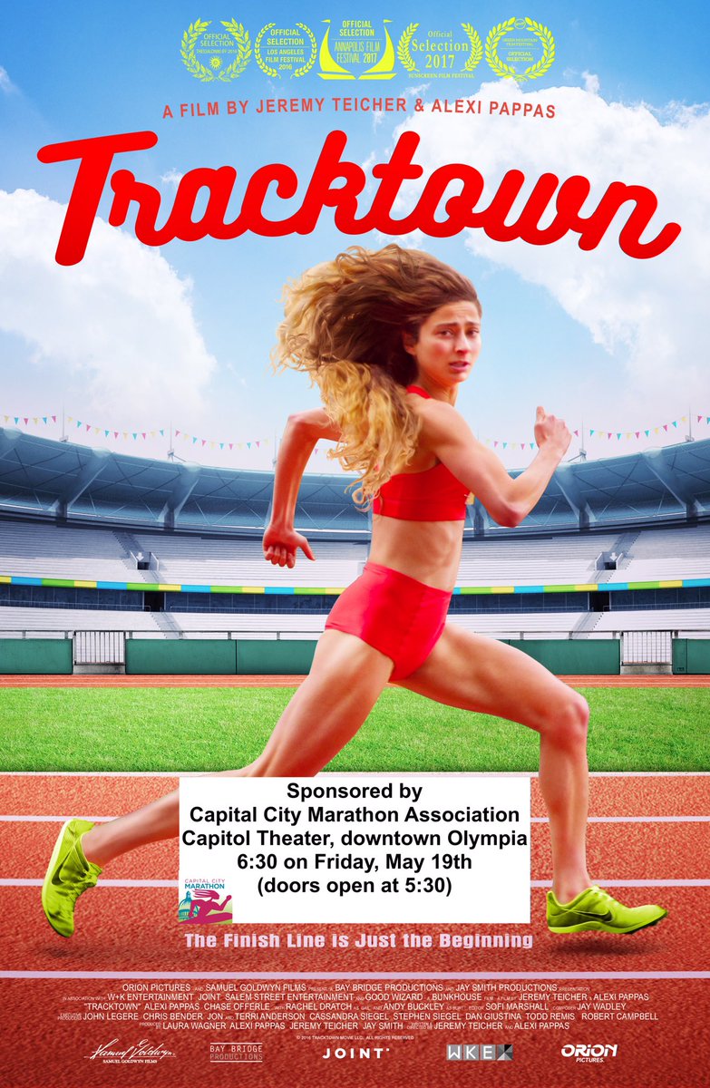 CapCityMarathon's tweet photo. .@TracktownMovie will be in #Olympia for 1 night only 5/19! 2017 #racers get a discount on this delightful film starring @AlexiPappas. https://t.co/PDjl5vcQ4T