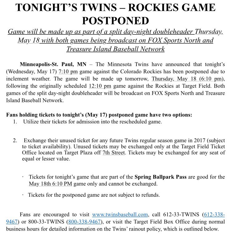 More information regarding tonight's postponed game. https://t.co/mHG4X1zARF