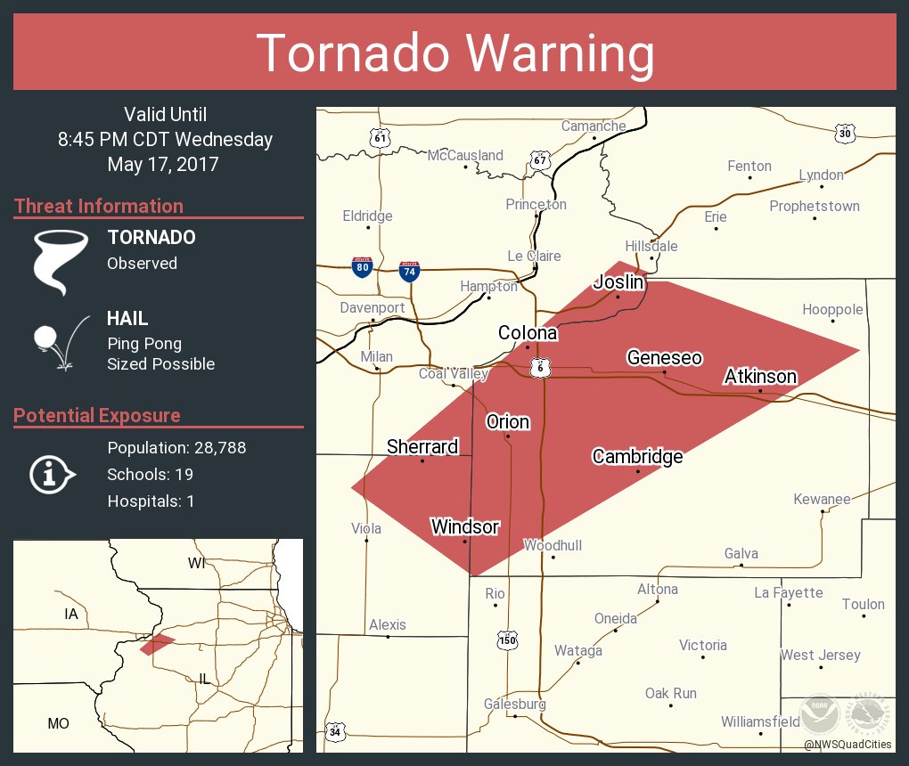 Tornado warning including geneseo il, colona il, cambridge il until 8