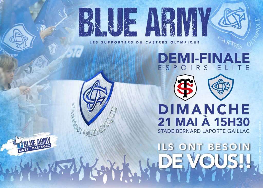 bluearmyco's tweet photo. Double dose de @CastresRugby 🔵⚪️ au soutien des Espoirs dimanche à Gaillac 💪 #elite #demifinale #STCO @THannoyer https://t.co/S2o6pzi0eQ