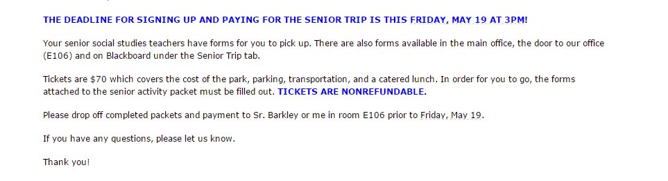 Reminder: Deadline to turn in Senior Field trip form is this Friday May 19th (Turn into MTAC room- E106)