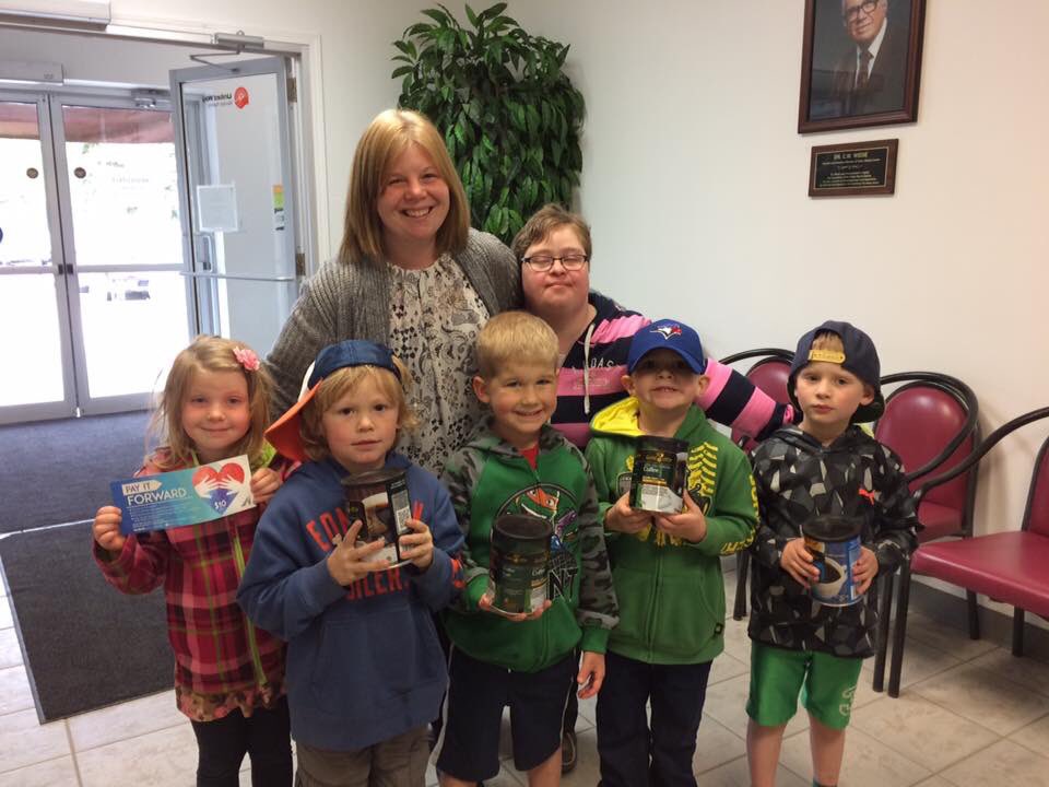 PayItForwardMay's tweet photo. #ACU this is how we used our $10 to #PIF17. Ang's Winkler Day Care Centre kids bought coffee and delivered it to Gateway Resource! Fun, Fun! https://t.co/1brQ4UbCdo