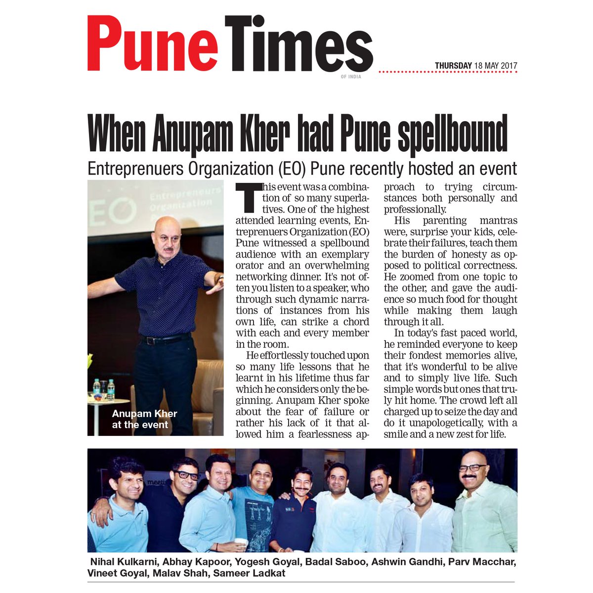 Today in Pune Times ! #EO #Pune learning event with Actor Extraordinaire <a href="/AnupamPkher/">Anupam Kher</a> sharing his life experiences with the members.