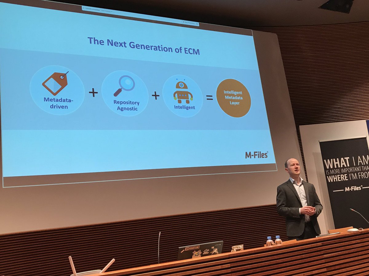 juhaant's tweet photo. The #ECM vision by @MFilesSuomi is #Metadata driven + Repository Agnostic + Intelligent = #IntelligentMetadataLayer https://t.co/1jH2Lg48ox