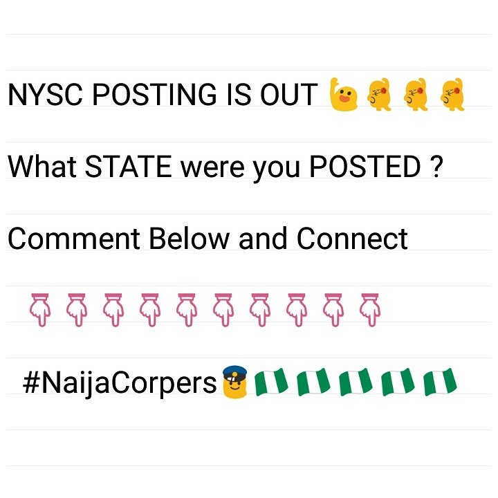 NaijaCorpers's tweet photo. NYSC POSTING IS OUT ๐๐๐
What STATE were you POSTED ?
Qoute this Tweet and Retweet
๐ณ๐ฌ ๐ณ๐ฌ ๐ณ๐ฌ ๐ณ๐ฌ ๐ณ๐ฌ #NaijaCorpers #ConnectPost https://t.co/WpmTNOFncT