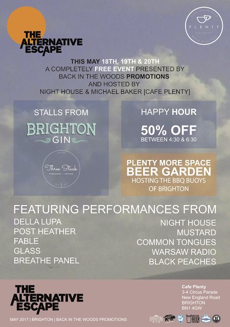 THE ALTERNATIVE ESCAPE 
<a href="/thegreatescape/">The Great Escape</a>  
30 Bands 
3 Days 
1 Venue 
18/19/20 MAY 2017 
FREE 
#altescapeatplenty 
#backinthewoods 
#TGE17