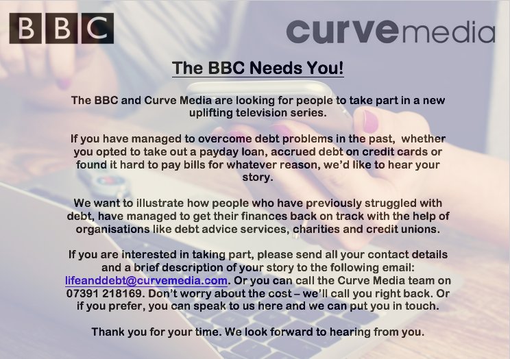 BBC are looking for people who've overcome #debt problems and want to share their story! #bbc #beontv #casting <a href="/OfficialCastMe/">Cast Me</a> #filming