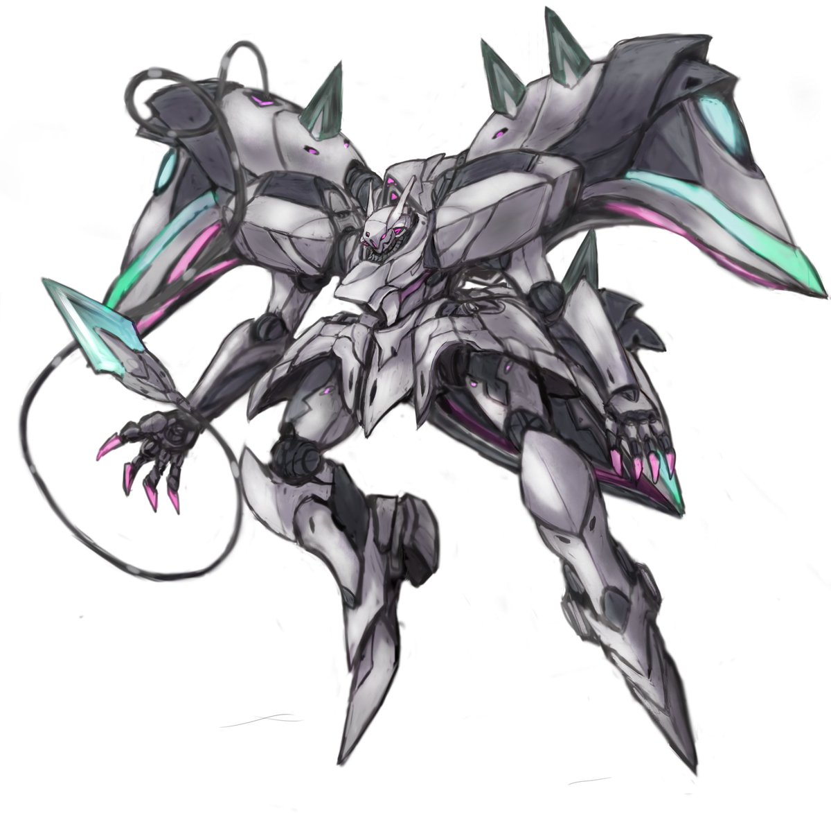 一章に参戦するイングリットのメカのデザインがようやく完成しました!
バイオナノマシン形成式有線ルミノライトデバイス6基装備、これよる光刃生成からの斬撃・刺突や拡散・収束レーザーなど多様な攻撃を行える機体という感じです…ちょっと変化球タイプです(*'▽`*) 