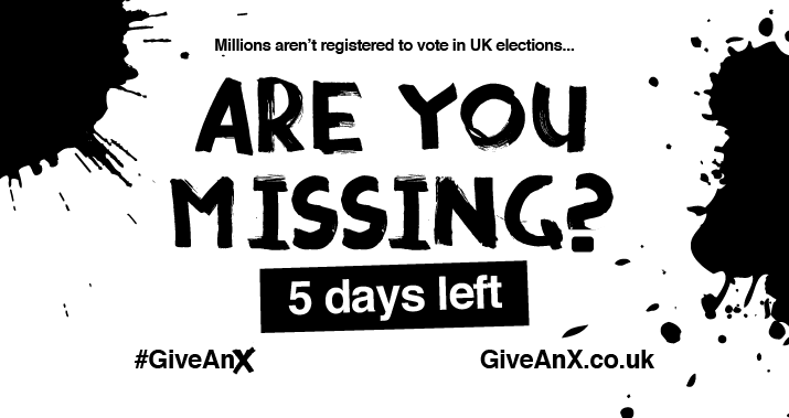 LeedsBeckettSU's tweet photo. There are five days left to register to vote! Grab your NI Number and take a couple of minutes to register: https://t.co/wmzJqjtkqy #GiveAnX https://t.co/AMfP5bKbkL