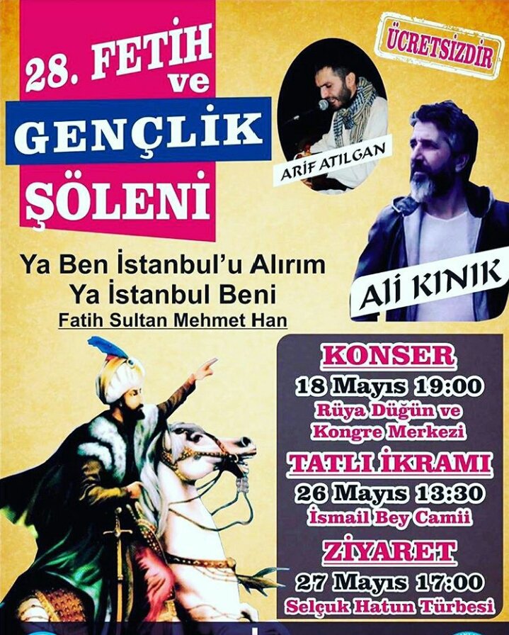 FeyizlerOrg's tweet photo. Fetih Şölenine Davet
18/05/2017
-Arif Atılgan,
-Ali Kınık Konseri
Kastamonu
#TürkiyedeGençOlmak
@resulkoprulu 
@Kstturkav 
@AliKinik https://t.co/PsnxtwmfWt