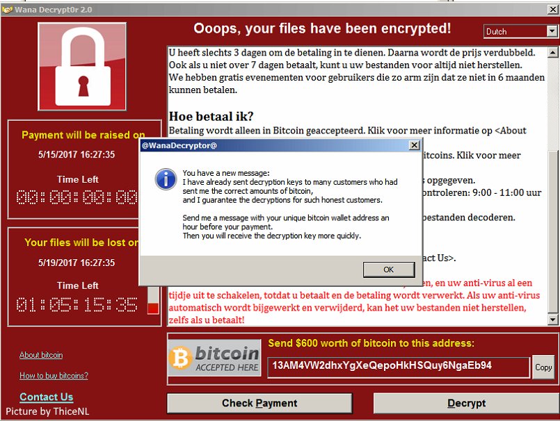 ThiceNL's tweet image. The following message was just sent by the #WannaCry attackers to the infected clients.