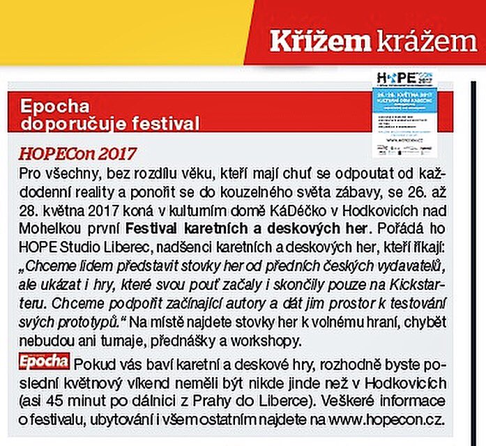 HOPECardgame's tweet photo. Časopis Epocha doporučuje festival deskovek HOPEcon 2017! @RFHOBBY 🙂👍 #hopestudio #festival #hopecon #casopis #epocha #liberec #hodkovice https://t.co/ifHtid2SKQ